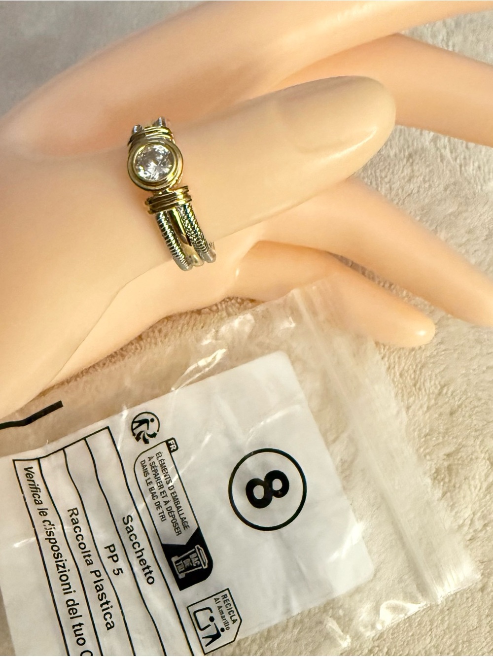 Two-Tone Gold & Silver Cable Ring with Clear Stone